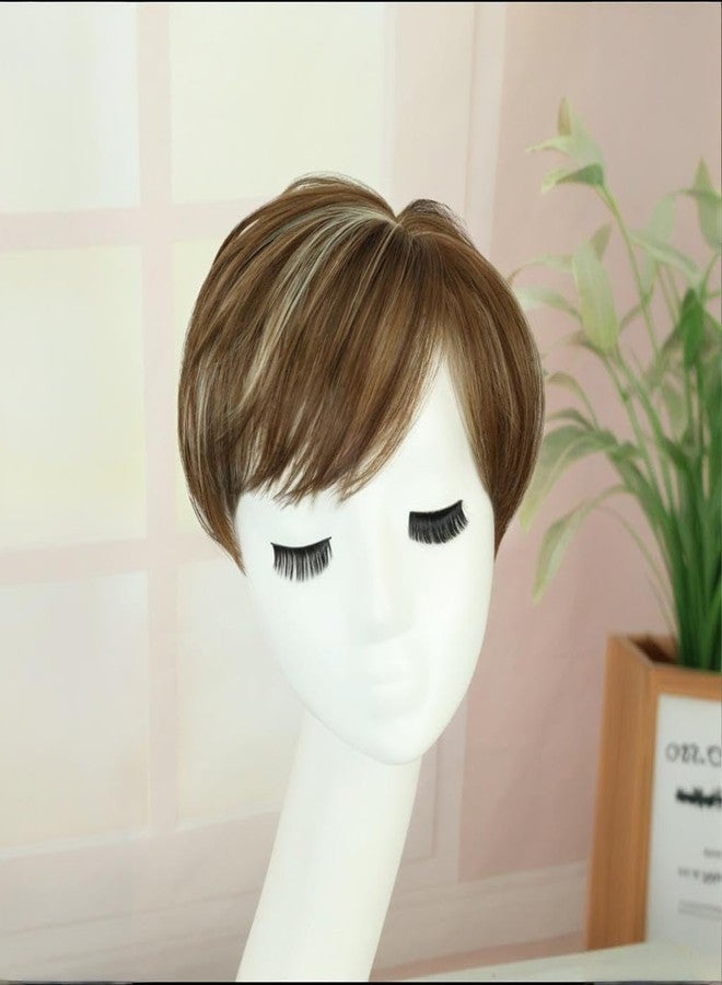 BECUS Brown Hair Topper for Women,Hair Pieces Clip-In 360° 3D Cover, Toppers Short Synthetic Bangs for Thinning Hair, 6.5X6 Daily Wear(Dark Brown with Blonde Highlights) - Image 2